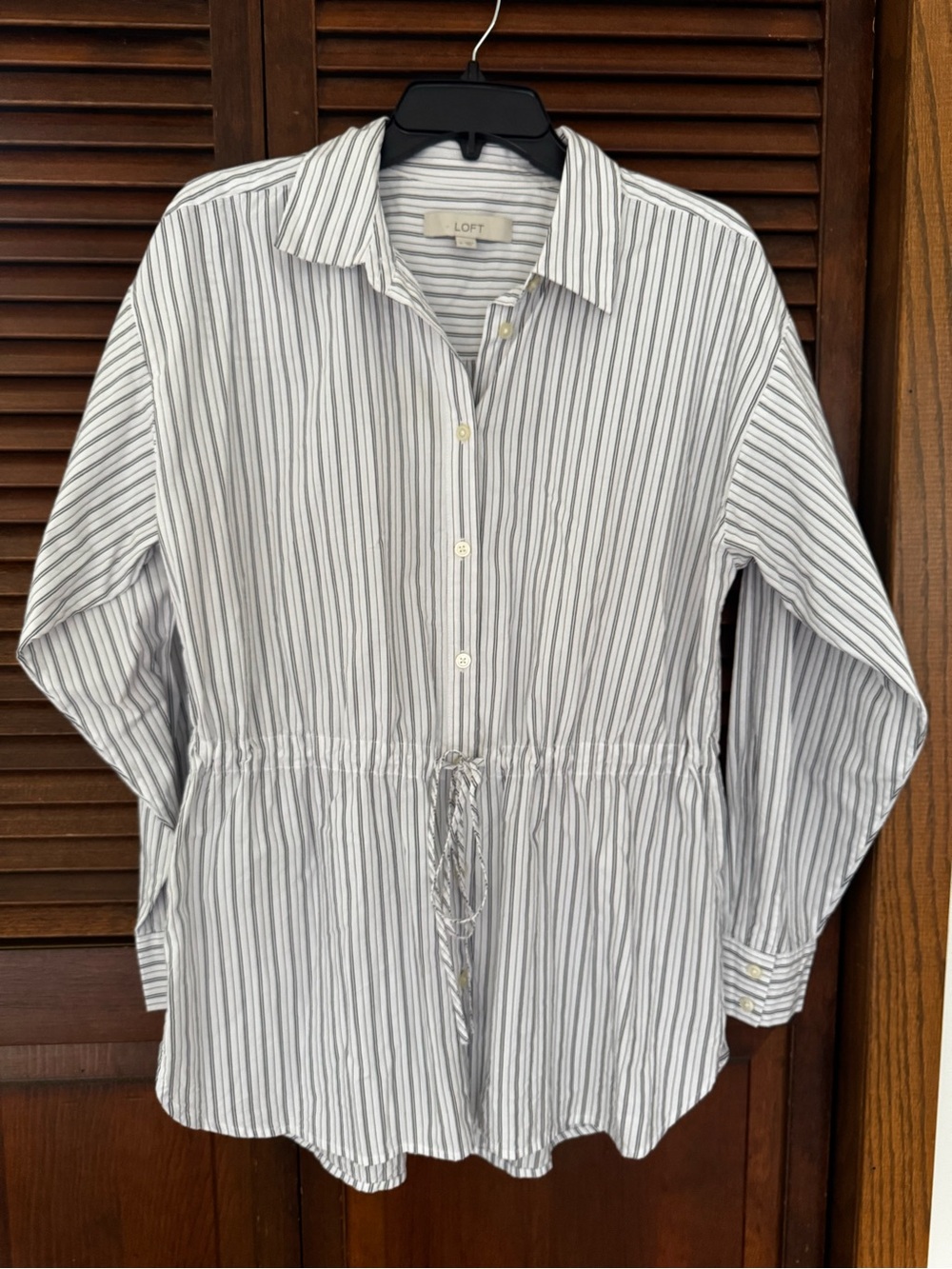 LOFT White and Gray Striped Drawstring Button-Down Shirt